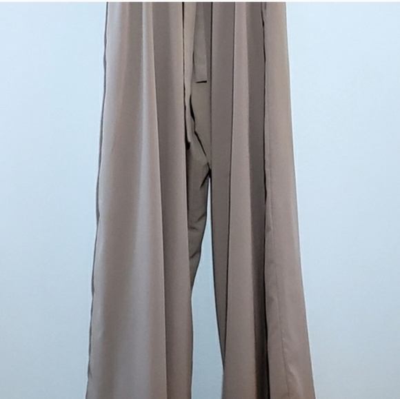 Womens Flowy Tan Jumpsuit Wide Leg Cold Shoulder - Picture 3 of 7